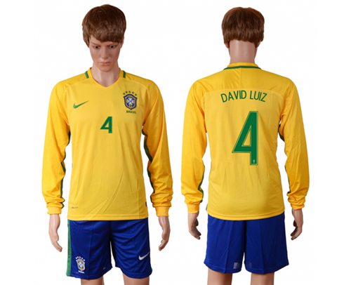 Brazil #4 David Luiz Home Long Sleeves Soccer Country Jersey